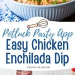 The photo collage shows the finished chicken enchilada dip in a blue bowl next to a photo of the ingredients needed to make it.