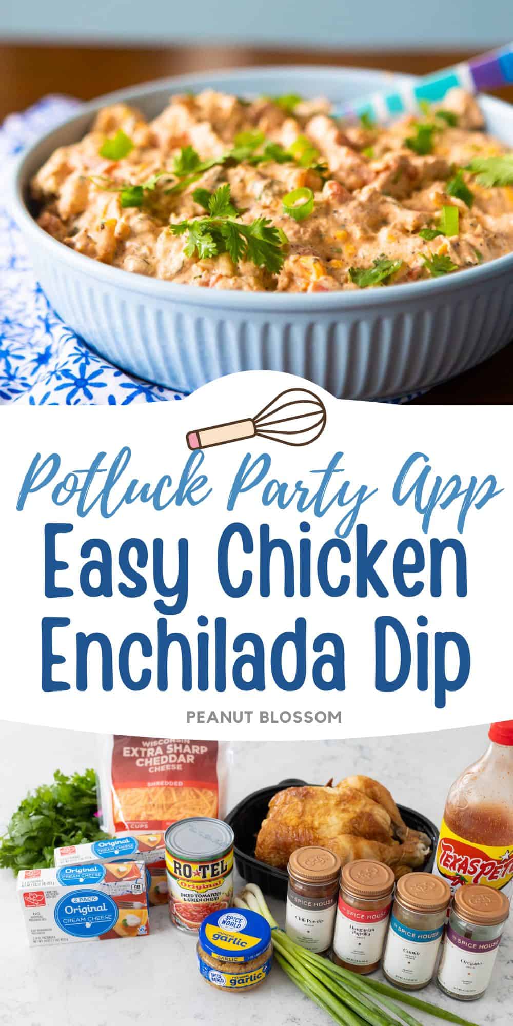 The photo collage shows the finished chicken enchilada dip in a blue bowl next to a photo of the ingredients needed to make it.