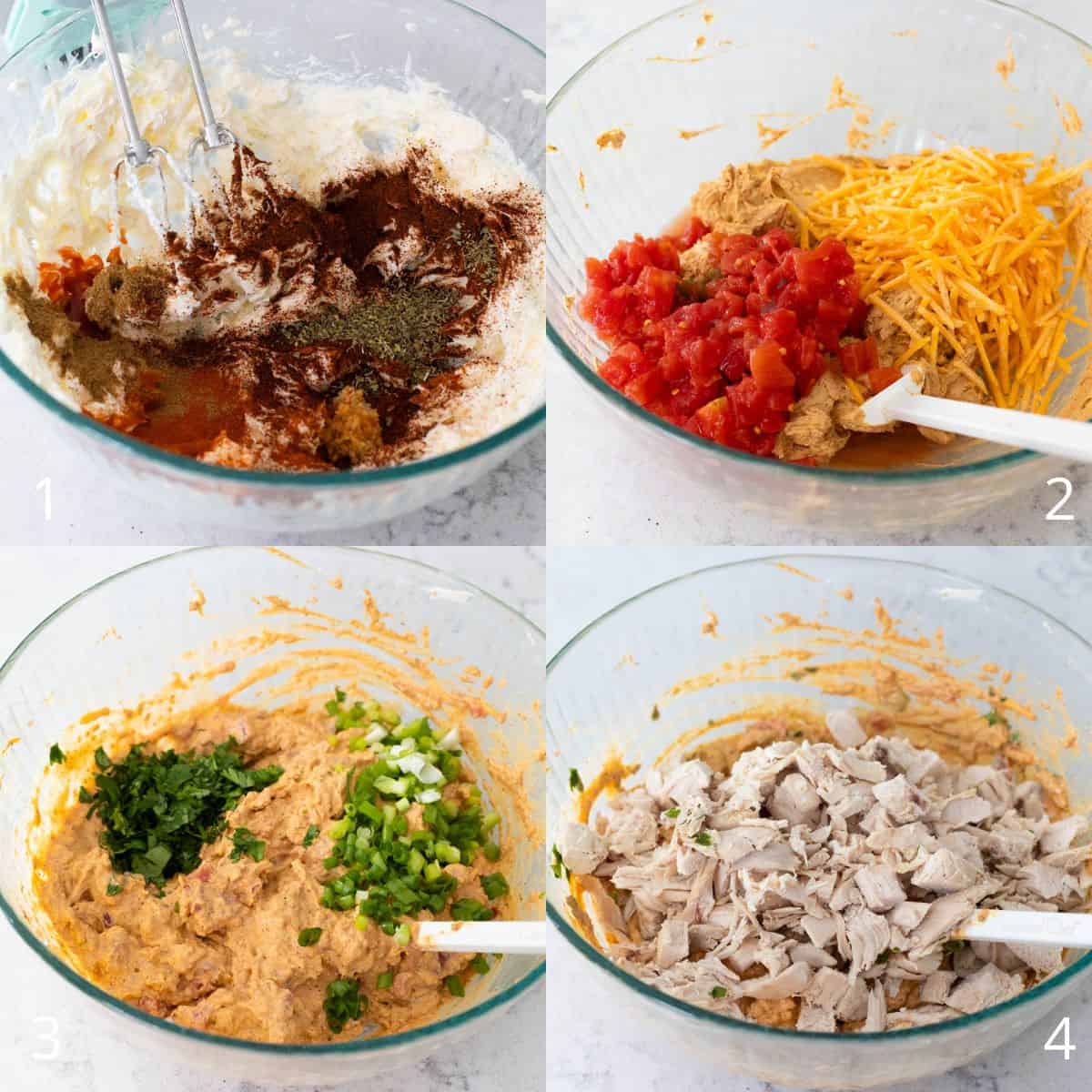 The step by step photo collage shows how to assemble the ingredients in a mixing bowl.
