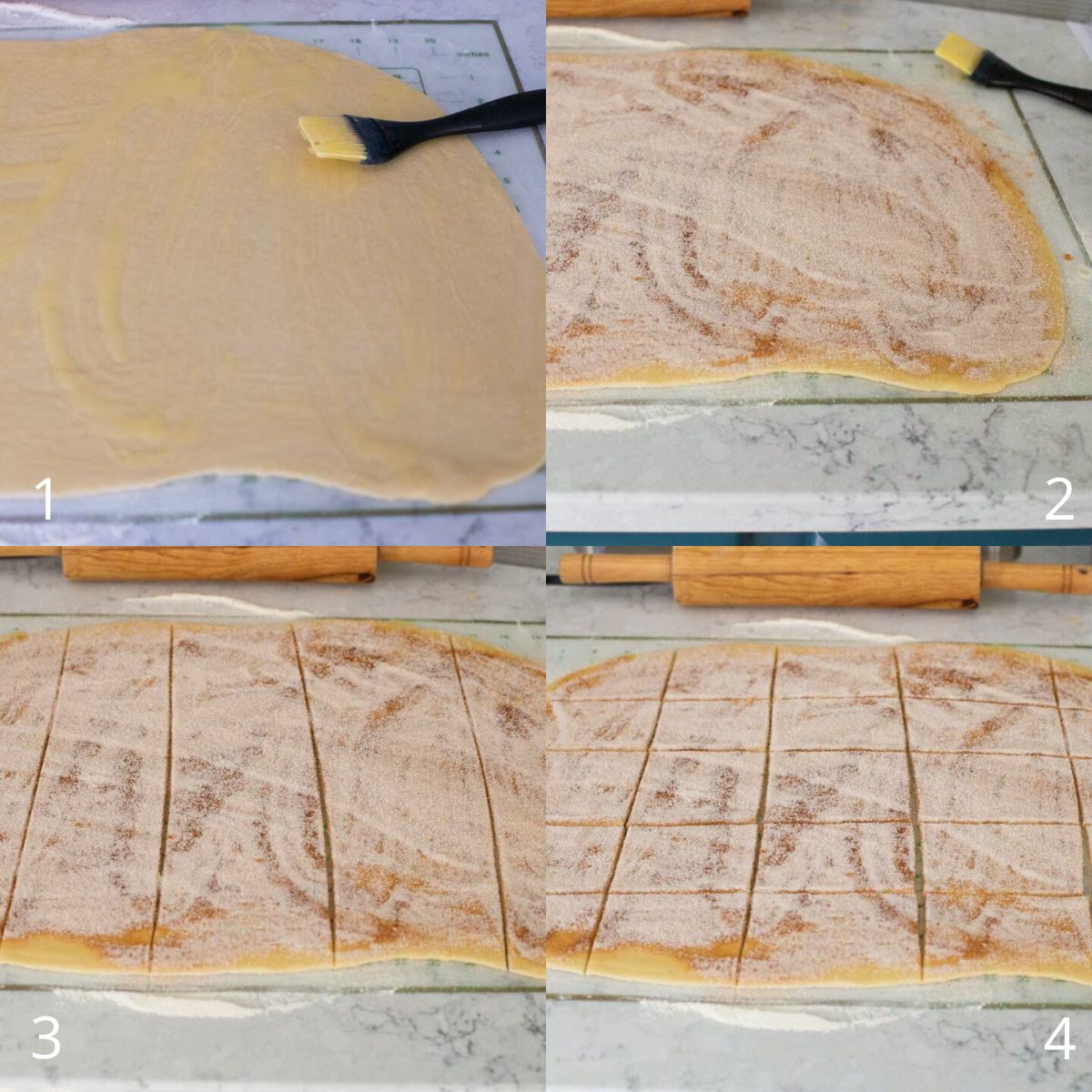Photos show the steps to prep the dough for the baking pan.