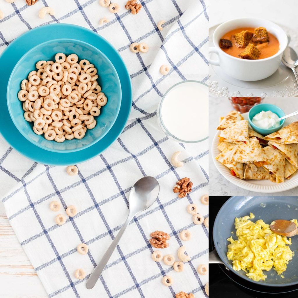 A photo collages shows several easy dinner ideas kids could make.