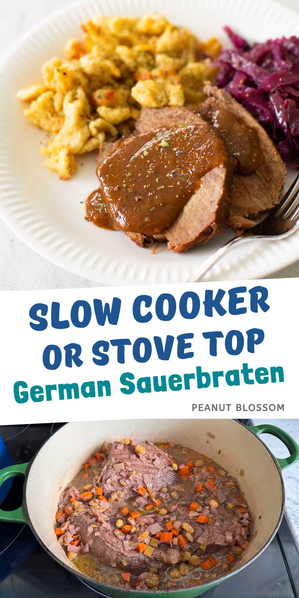 A photo collage shows a plate of cooked sauerbraten on top and a pot of sauerbraten below.