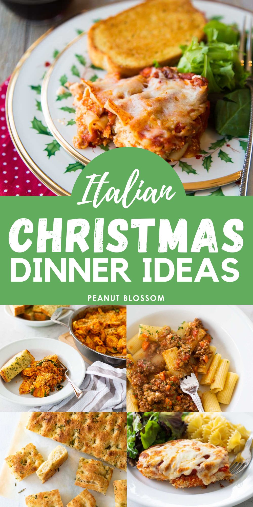 The photo collage shows several Italian pastas and side dishes for a Christmas dinner.