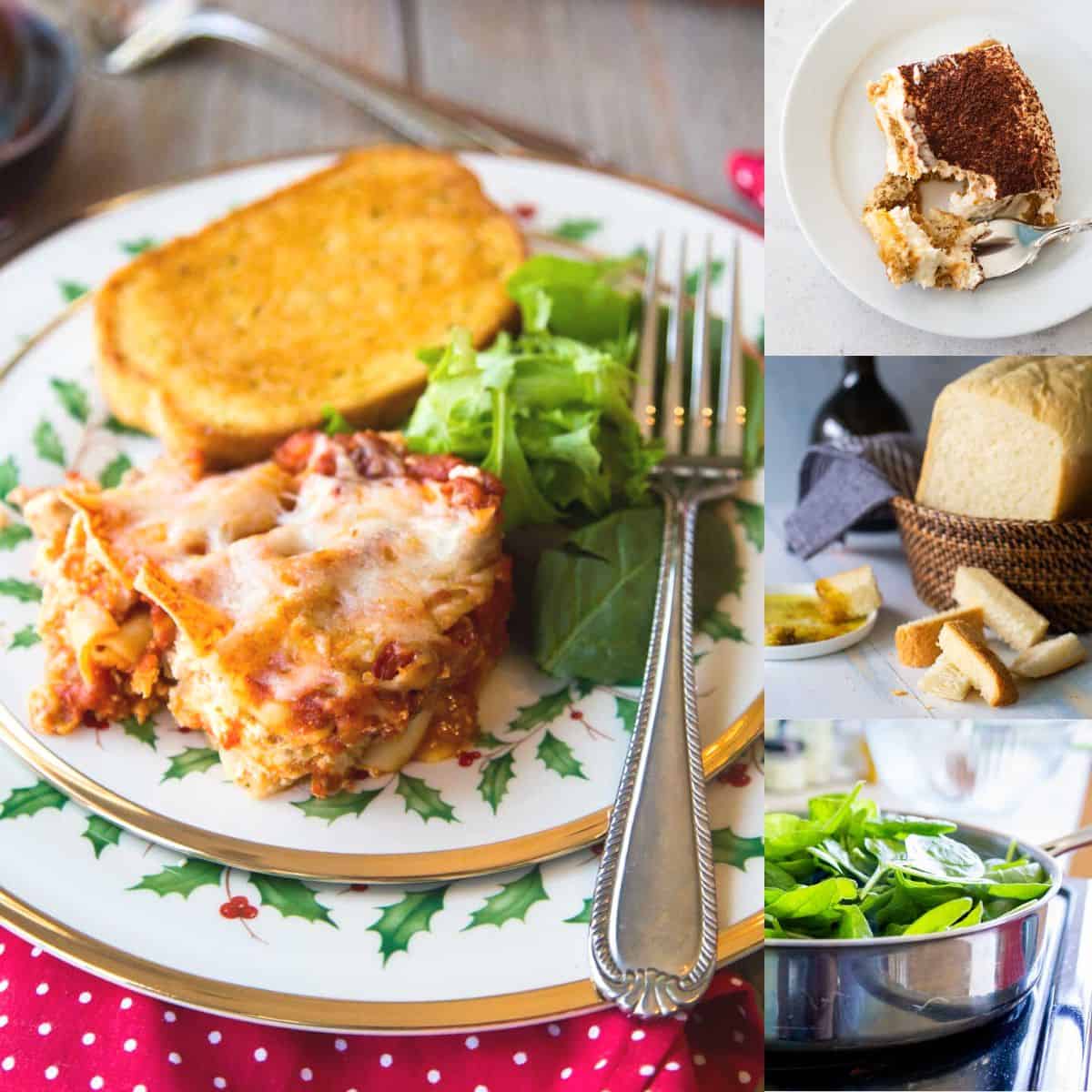 A Christmas plate has a serving of lasagna and garlic bread on it. Photos of tiramisu, Italian bread, and sautteed spinach are on the side.