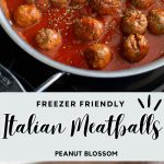 The photo collage shows the Italian meatballs in tomato sauce next to a photo of them lined up to be frozen.