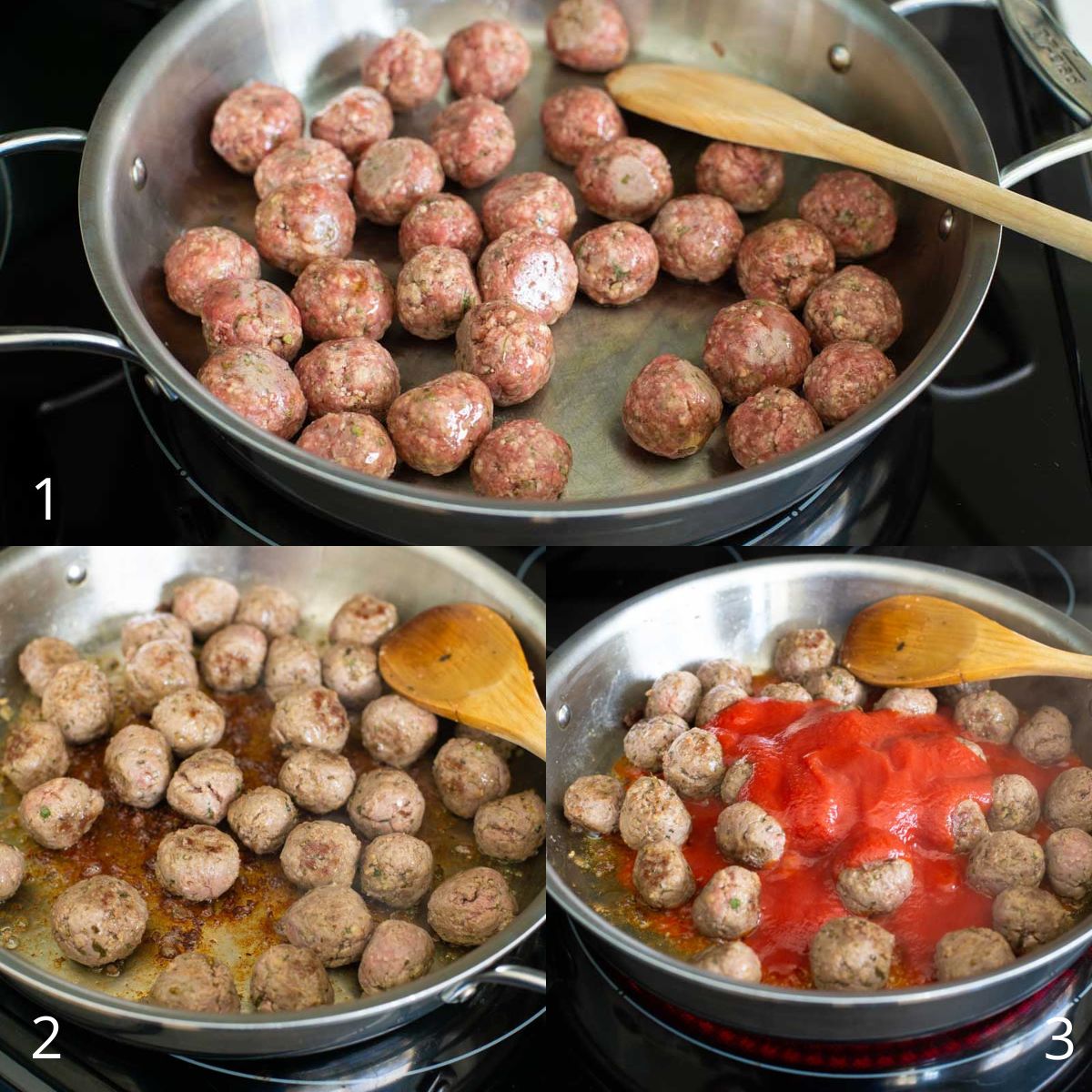 The meatballs have been added to the skillet and the photo collage shows how to brown them.