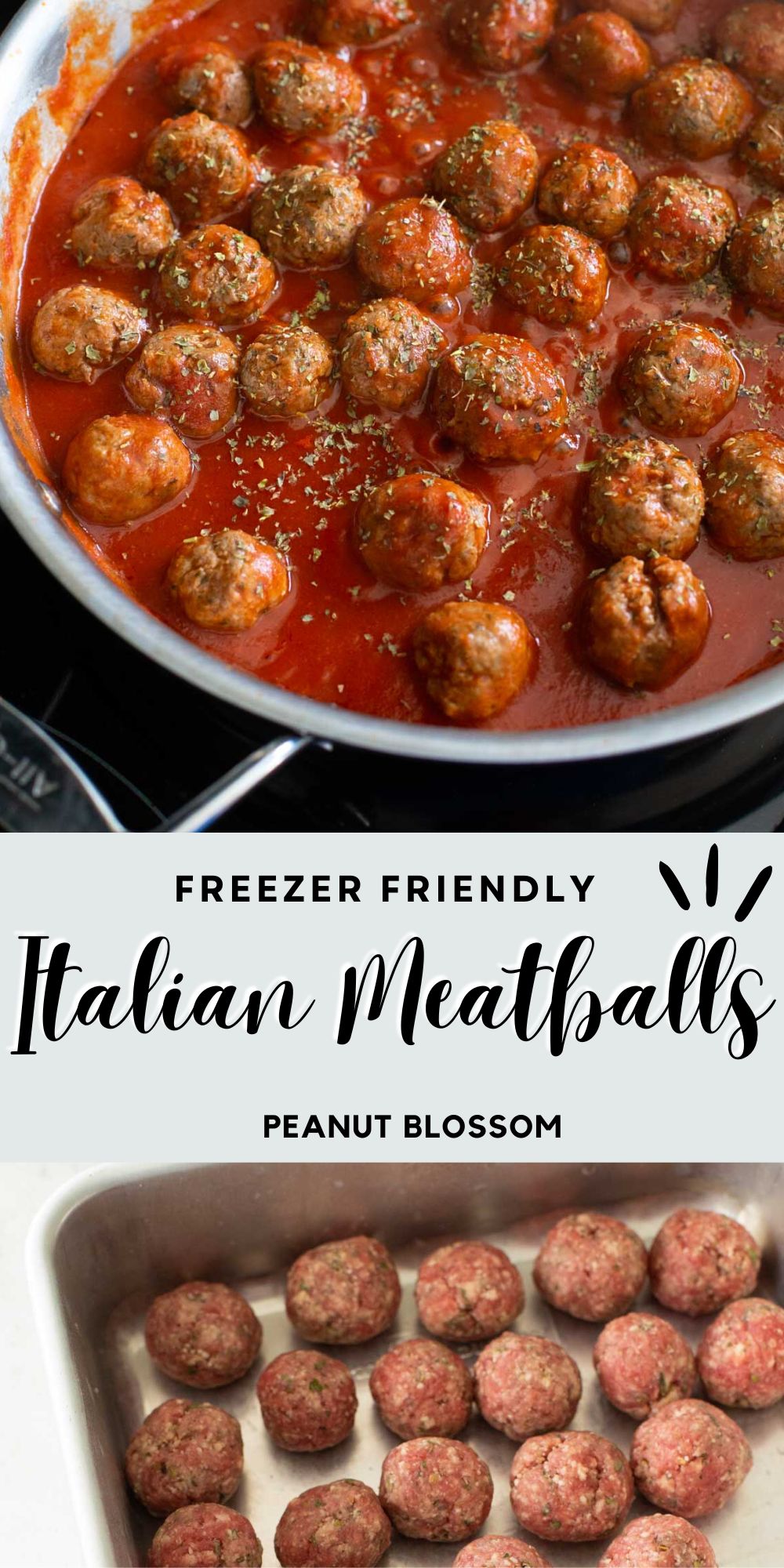 The photo collage shows the Italian meatballs in tomato sauce next to a photo of them lined up to be frozen.