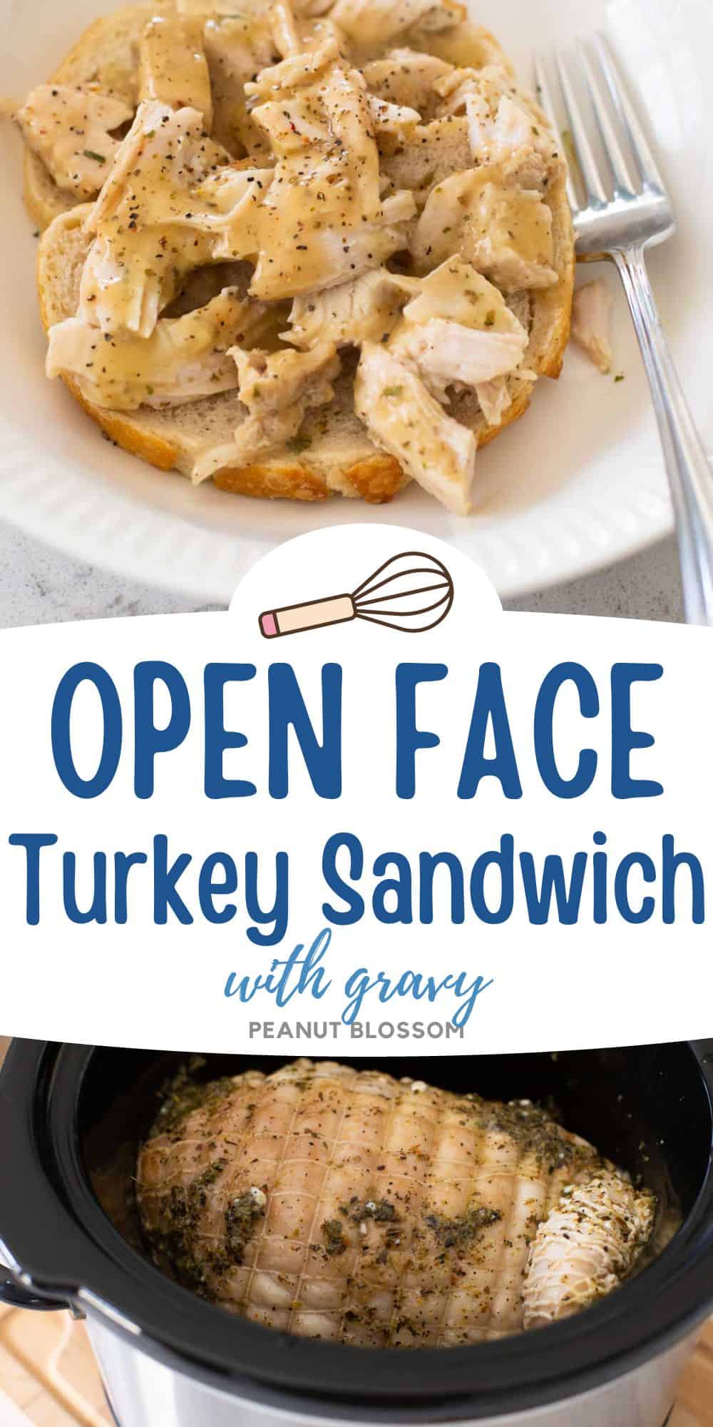 The photo collage shows the open face turkey sandwich on a plate next to the photo of the turkey cooking in a slowcooker.