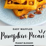 The photo collage shows the pumpkin pecan waffles stacked on a blue plate next to the waffles being cooked in a waffle maker.