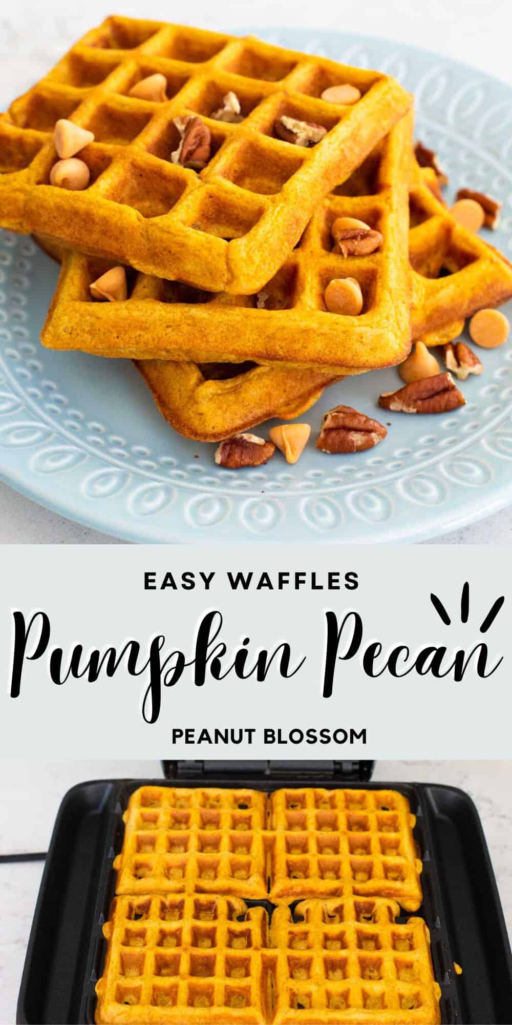 The photo collage shows the pumpkin pecan waffles stacked on a blue plate next to the waffles being cooked in a waffle maker.