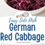 A bowl of red cabbage next to a plate of German sauerbraten.