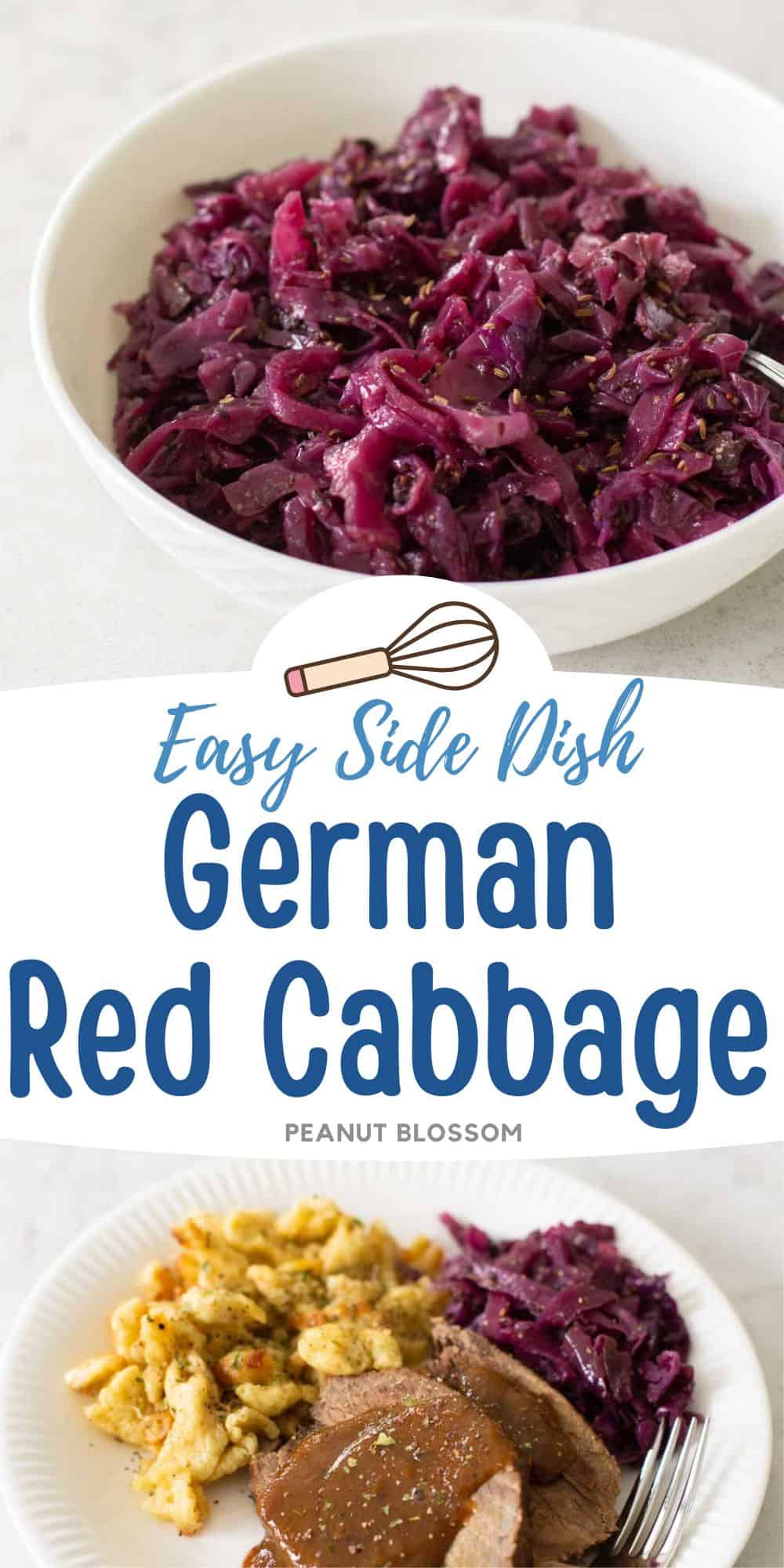 A bowl of red cabbage next to a plate of German sauerbraten.