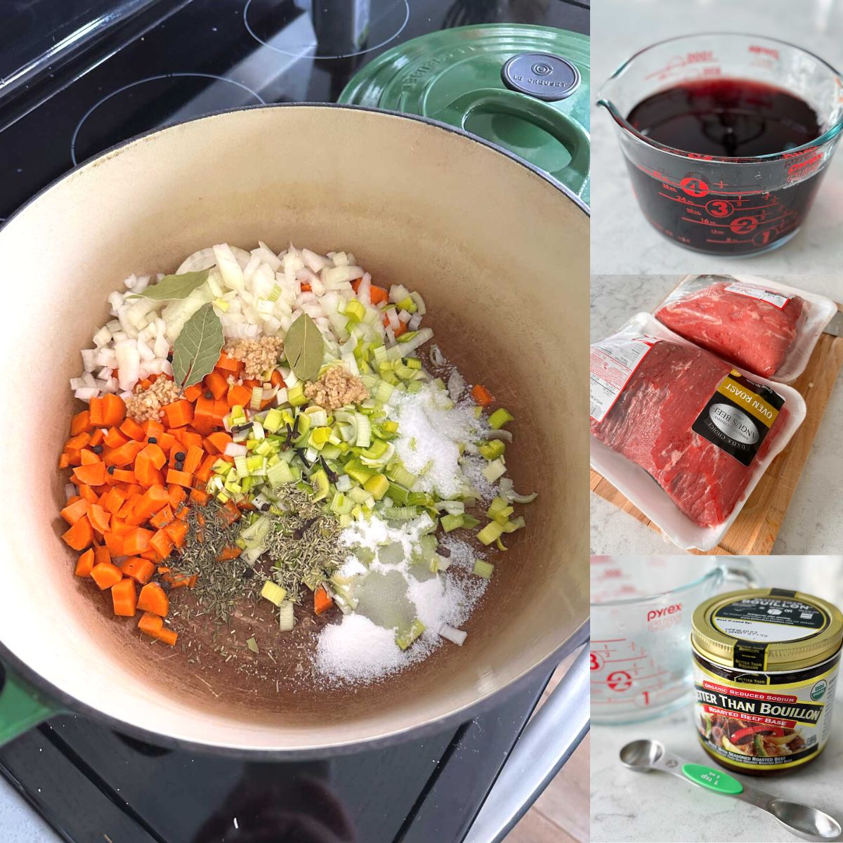 A photo collage shows a pot filled with the marinade ingredients, the beef, a measuring cup of wine, and beef bouillon.