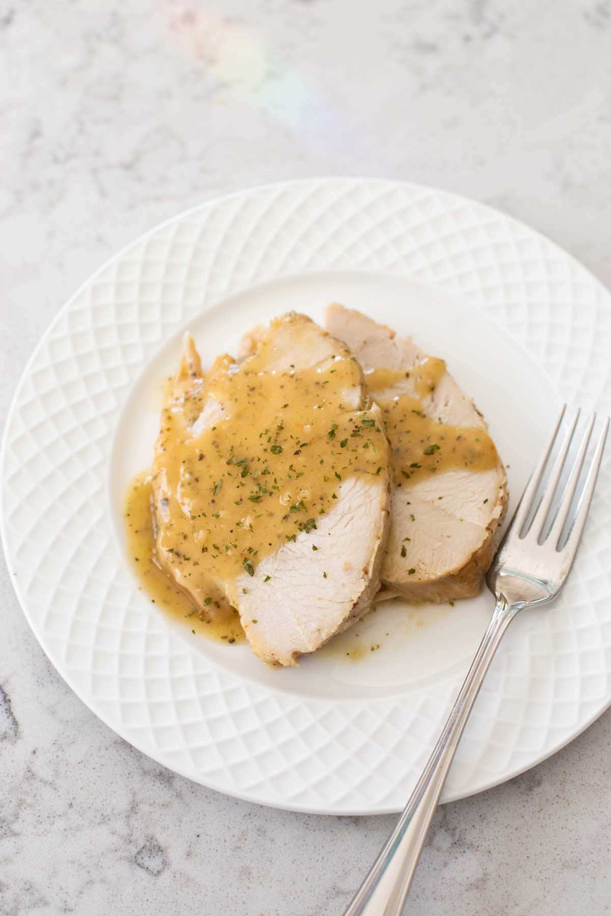 A serving of the slowcooked turkey breast drizzled with pan gravy.