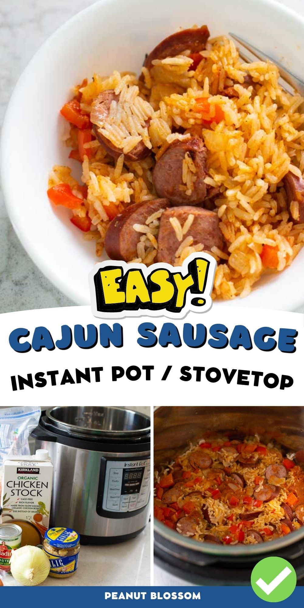 A photo collage shows the finished cajun sausage and rice next to pictures of the Instant Pot outside and the finished dish in the pot.