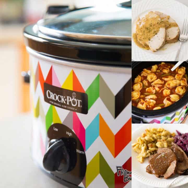 A Crockpot next to 3 photos of easy Crockpot recipes for Christmas.