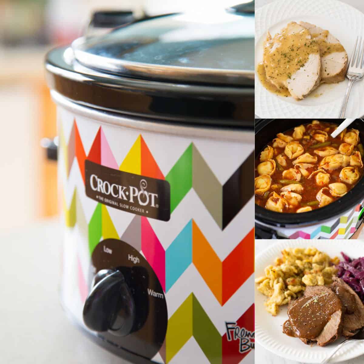 A Crockpot next to 3 photos of easy Crockpot recipes for Christmas.