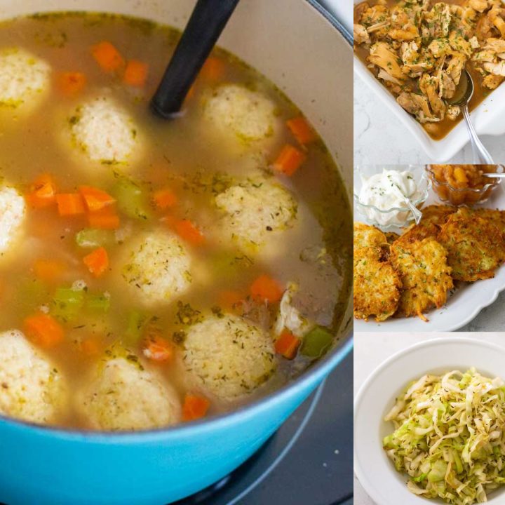 A photo collage shows matzo ball soup and other easy Hanukkah recipes.