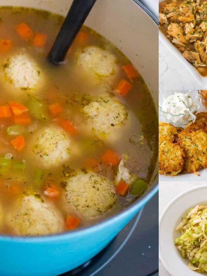 A photo collage shows matzo ball soup and other easy Hanukkah recipes.