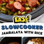 A photo collage shows the finished jambalaya next to an ingredients picture and another picture with the rice being mixed in.