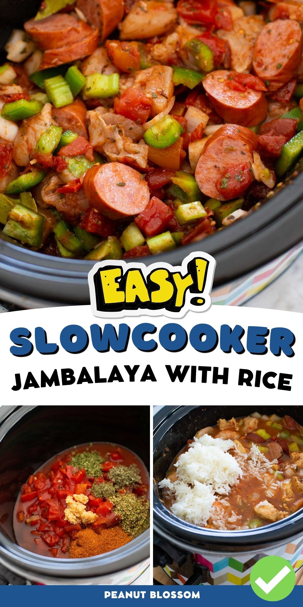 A photo collage shows the finished jambalaya next to an ingredients picture and another picture with the rice being mixed in.