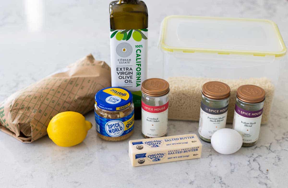 The line up of ingredients to make the shrimp recipe are on the counter.