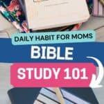 The photo collage shows a devotional, a bible, and a pack of highlighters and a pen.