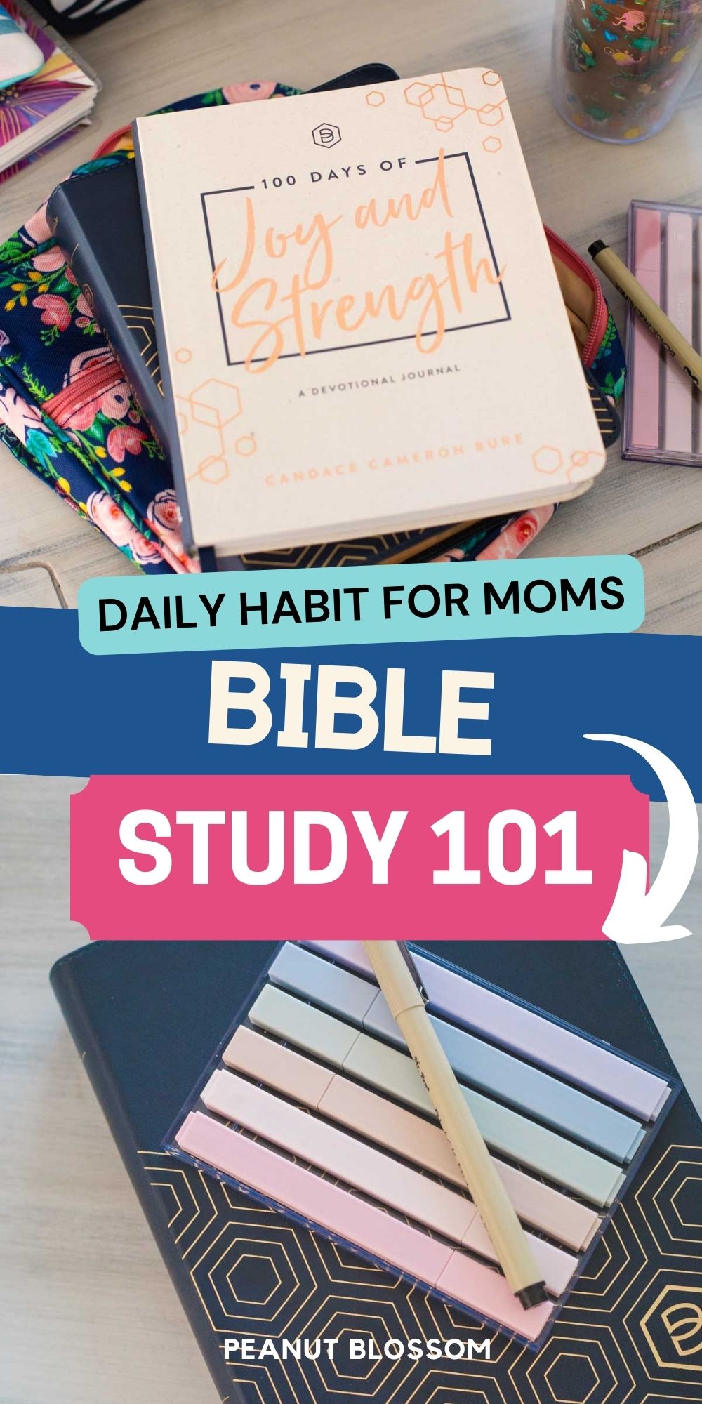 The photo collage shows a devotional, a bible, and a pack of highlighters and a pen.