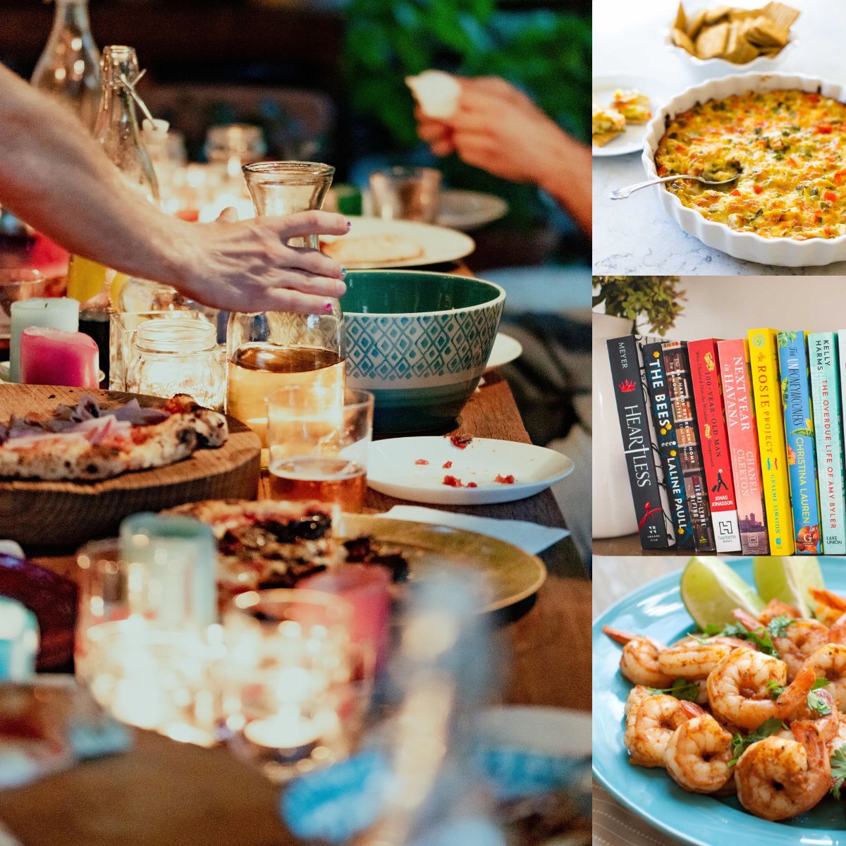 A book club party at a dinner table next to a photo of a pile of books and two recipe ideas.