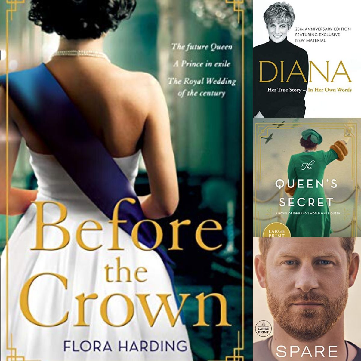 A photo collage shows historical fiction books about the royal family along with modern biographies of Prince Harry and Princess Diana.