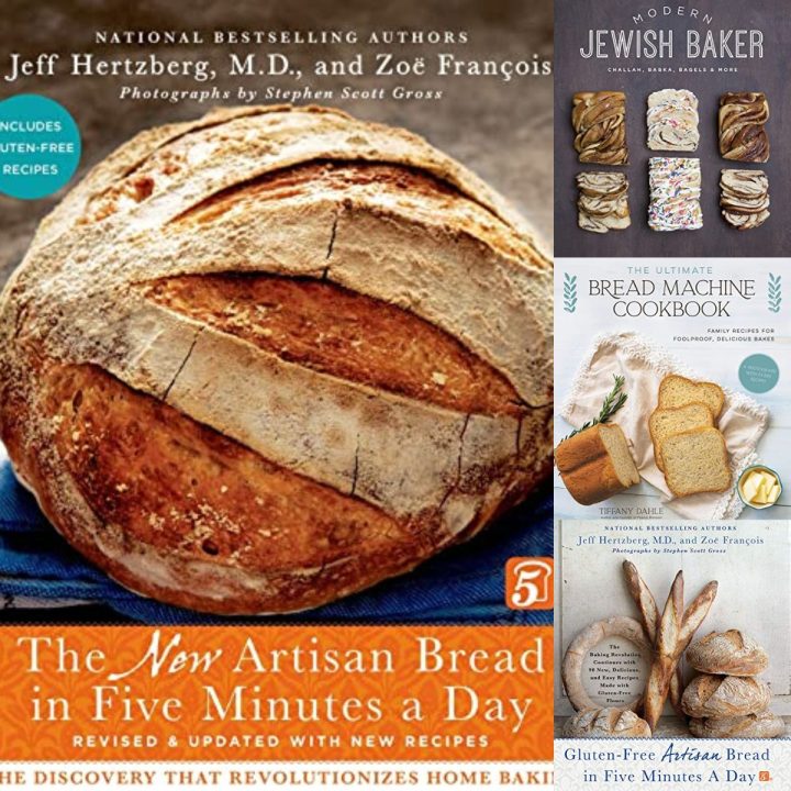 A photo collage shows the covers of several bread baking books.