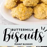 A photo collage shows the finished biscuits next to a baking pan with a pastry brush next to a cup of butter.