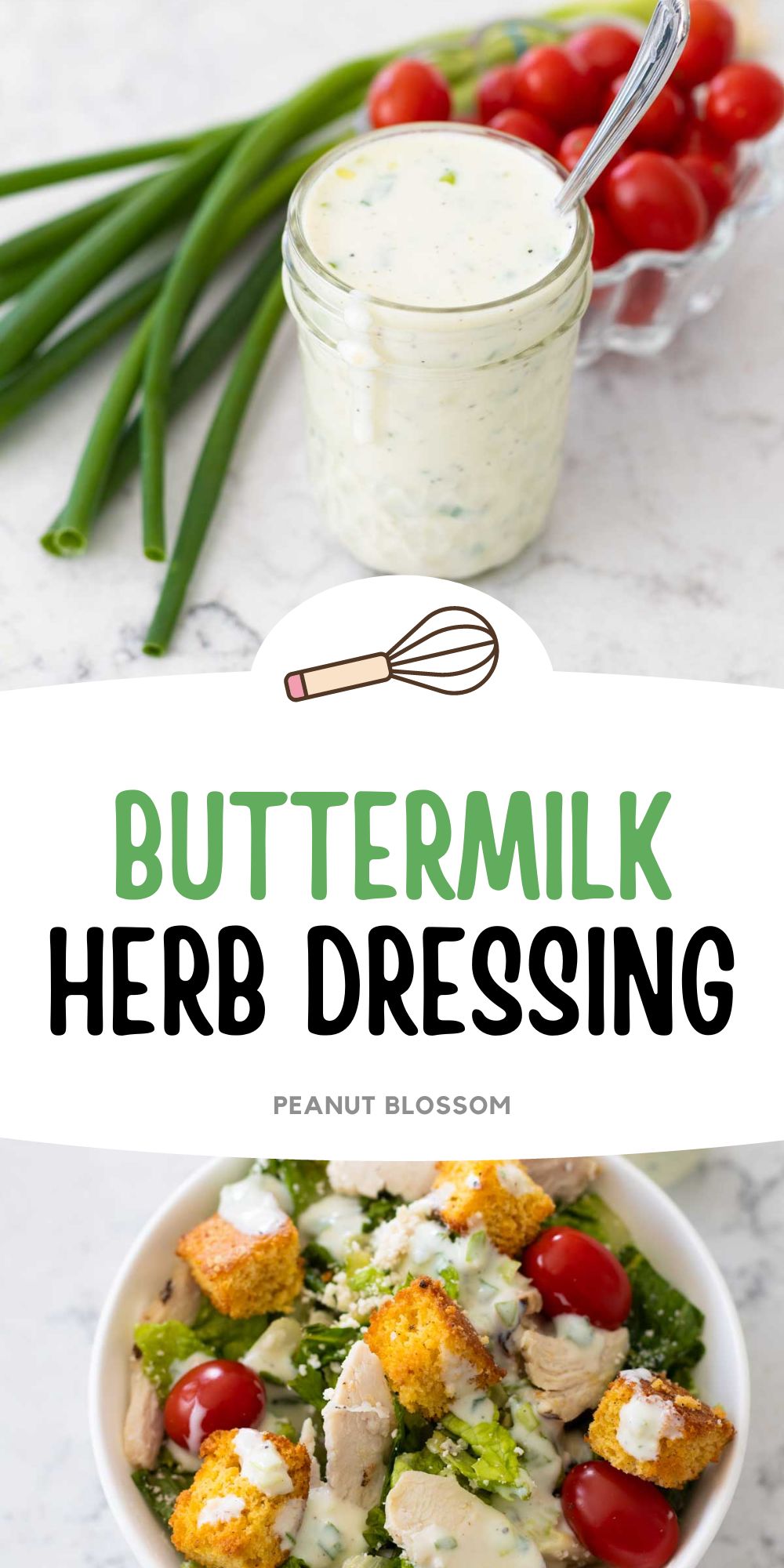 A photo collage shows the buttermilk herb dressing on top and a salad with it drizzled over on the bottom.
