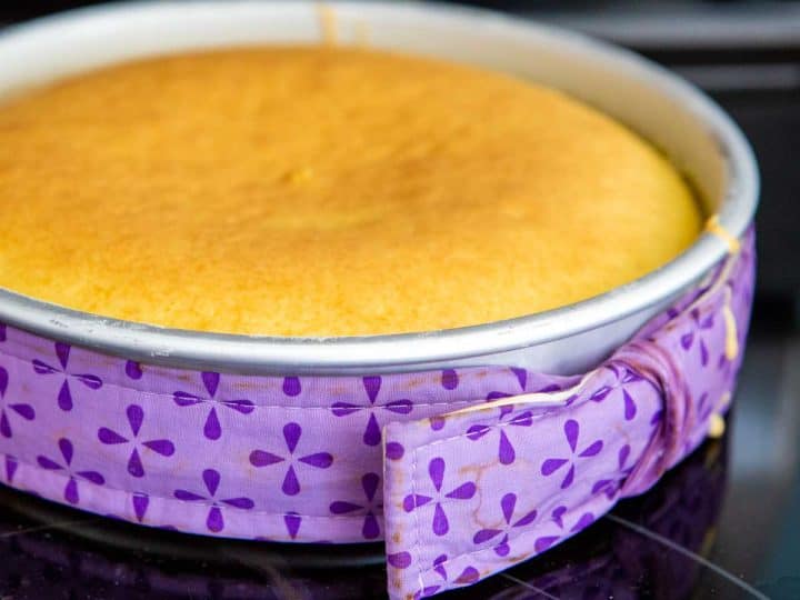 A cake pan is wrapped in a purple fabric cake strip and has a perfect level cake layer baked inside.