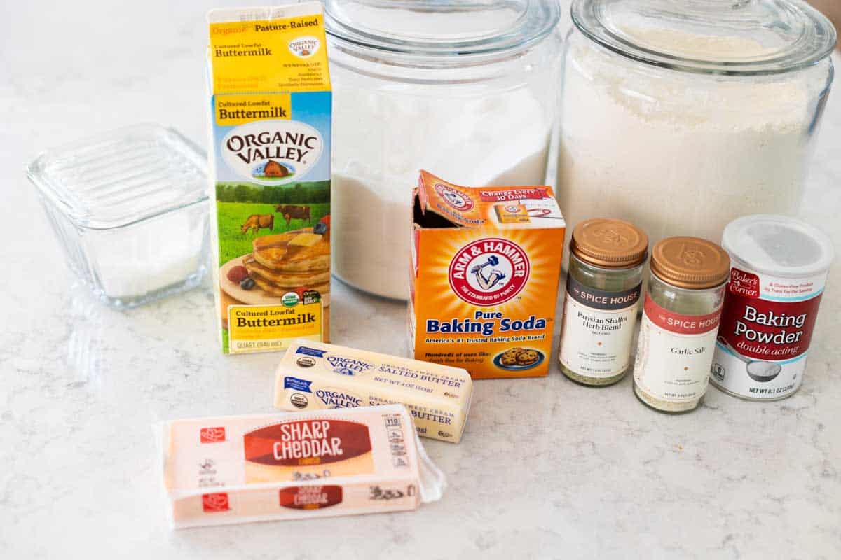 The ingredients to make Cheddar bay biscuits are on the counter.