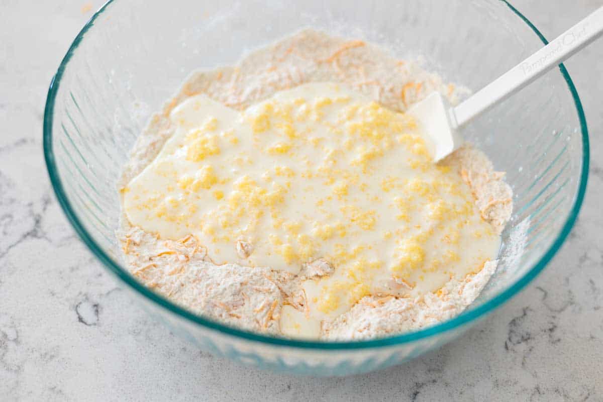 The curdled buttermilk mixture has been added to the dry flour