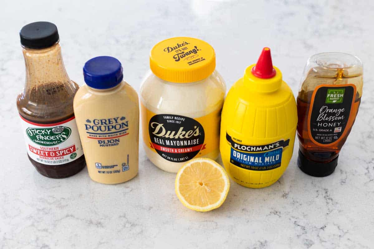 The ingredients to make the sauce are all lined up on the counter.