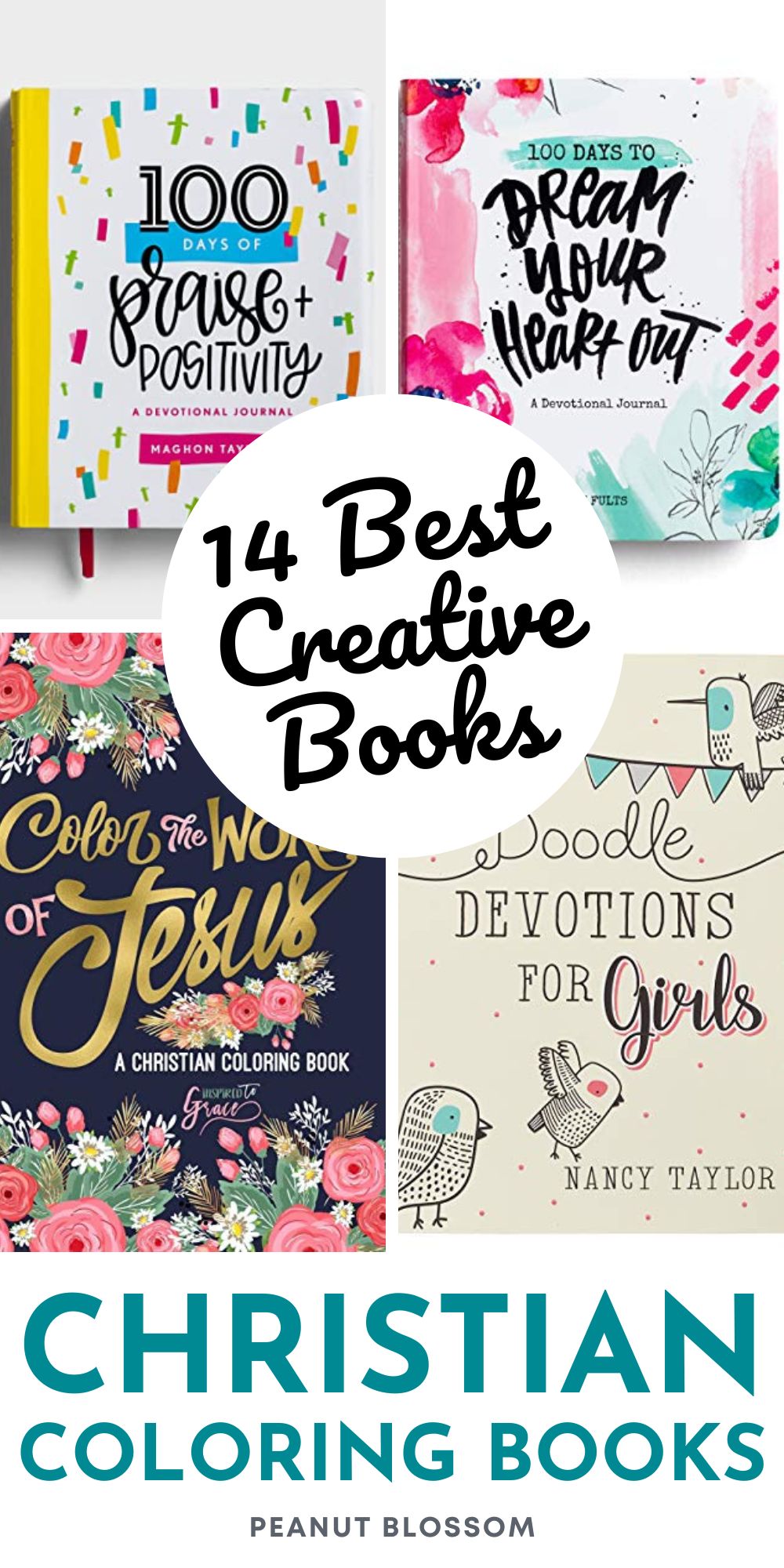 A photo collage shows the covers of 4 Christian coloring books.