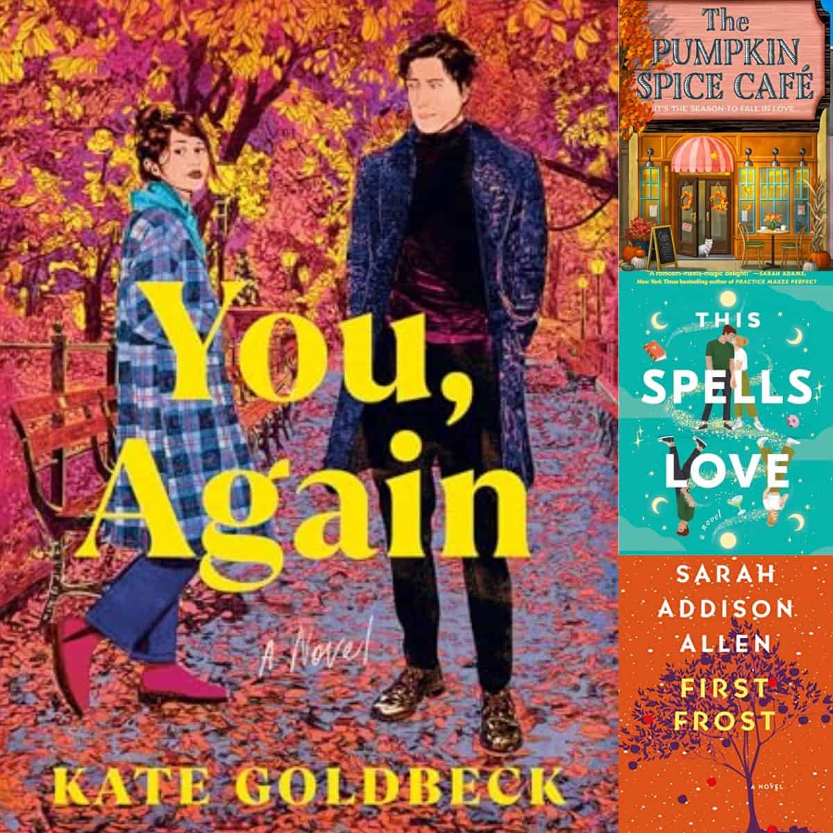 The photo collage shows several cozy fall books.