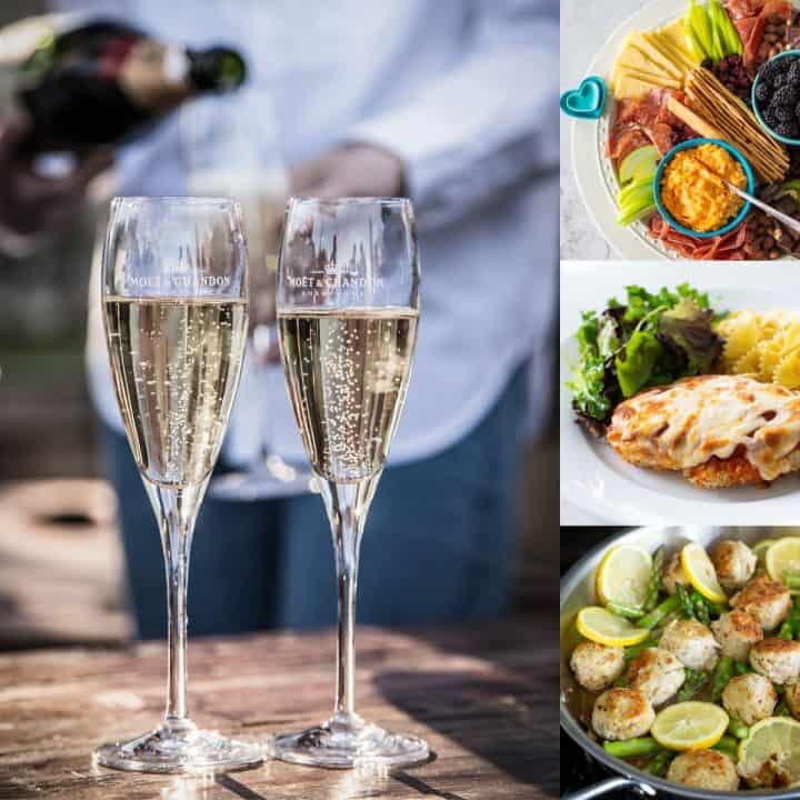 A photo collage shows a man pouring two glasses of champagne alongside a collage of recipe ideas.