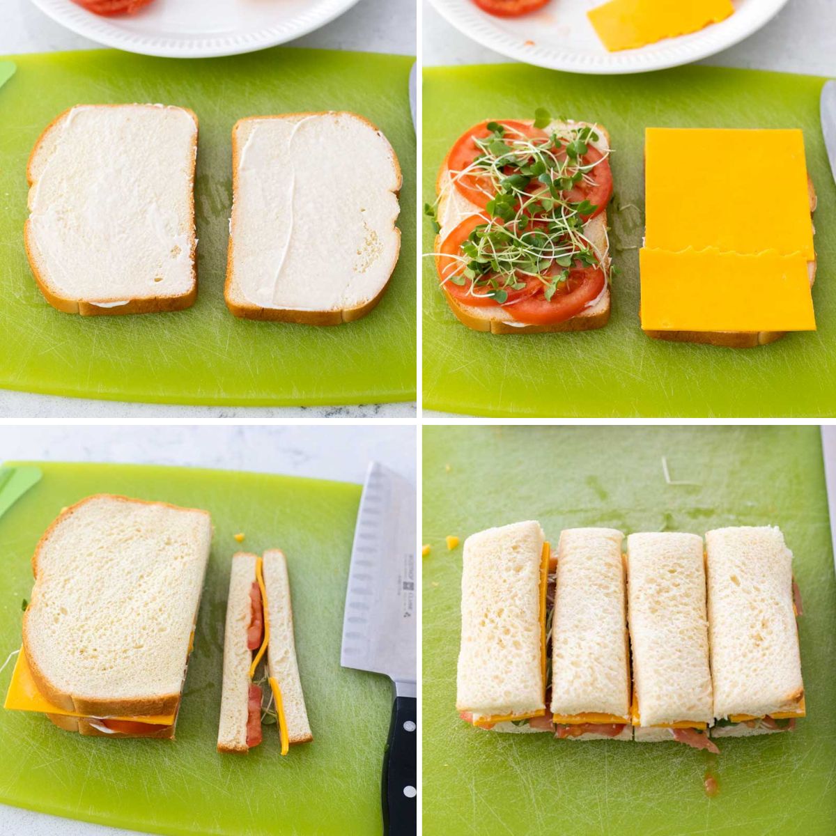 Step by step photos show how to assemble a finger sandwich.