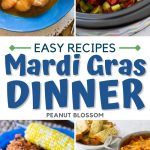 A photo collage shows 4 of the easy recipes for a family-friendly Mardi Gras dinner.