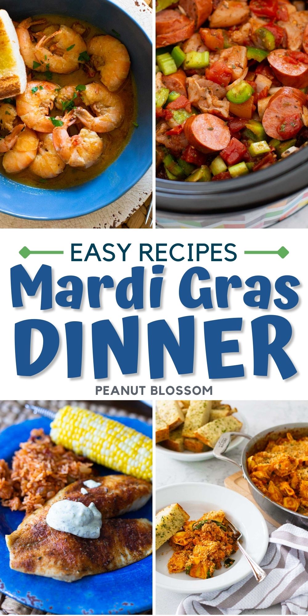 A photo collage shows 4 of the easy recipes for a family-friendly Mardi Gras dinner.