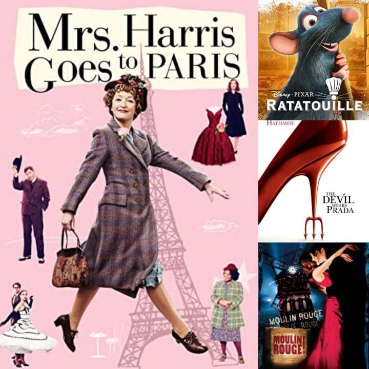 A photo collage shows the movie posters for 4 movies set in Paris that are ok for kids.