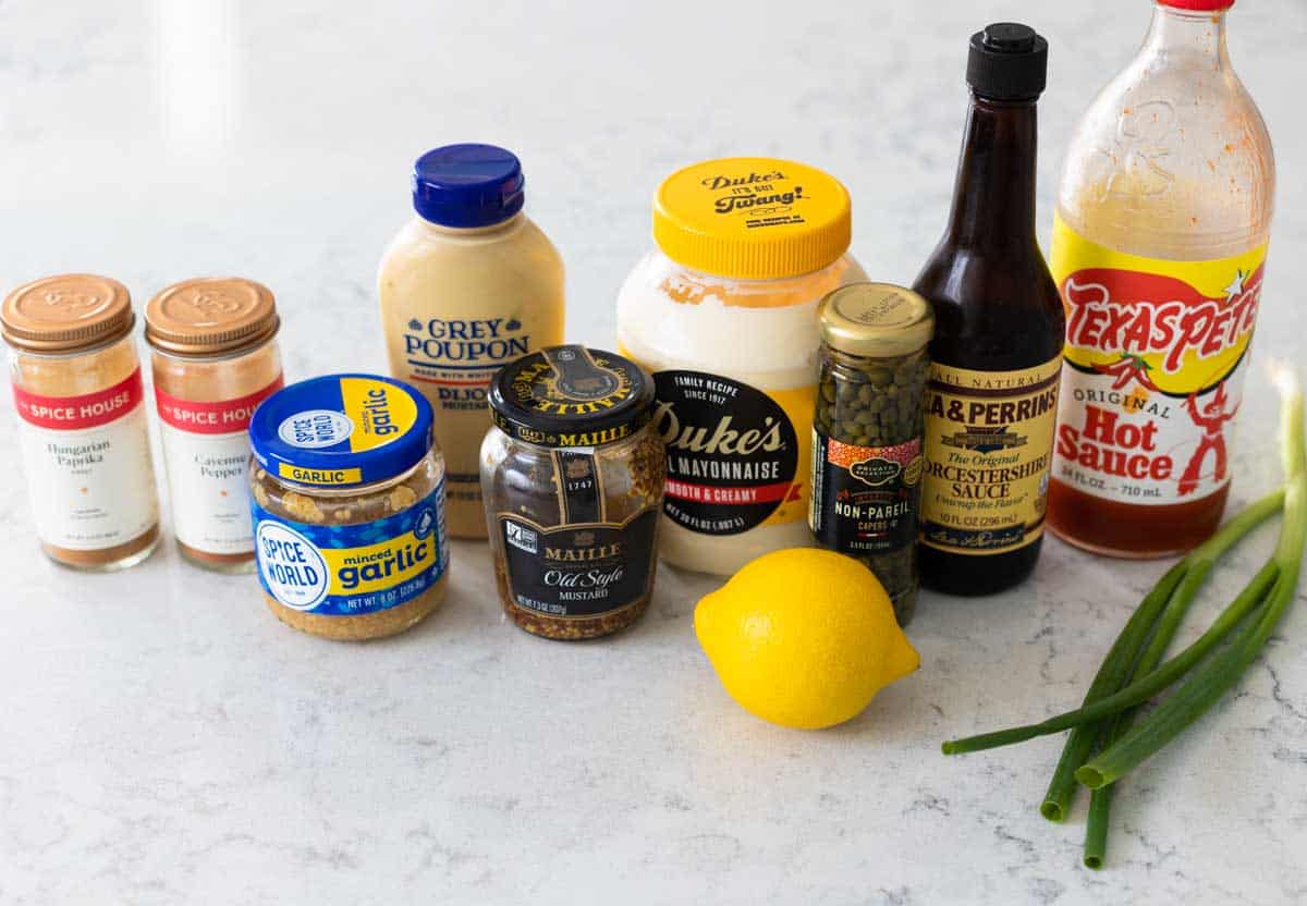 The ingredients to make the Remoulade Sauce are on the counter.