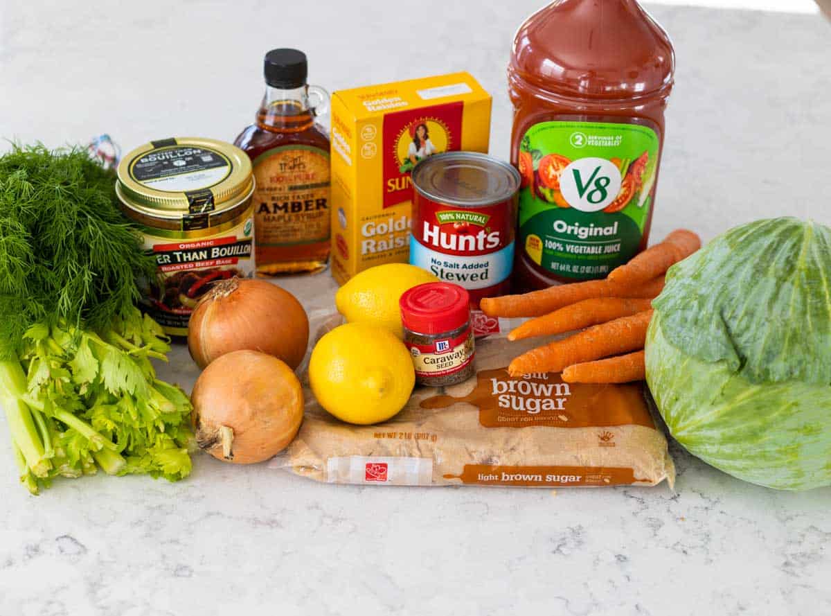 The ingredients to make the cabbage soup are on the counter.