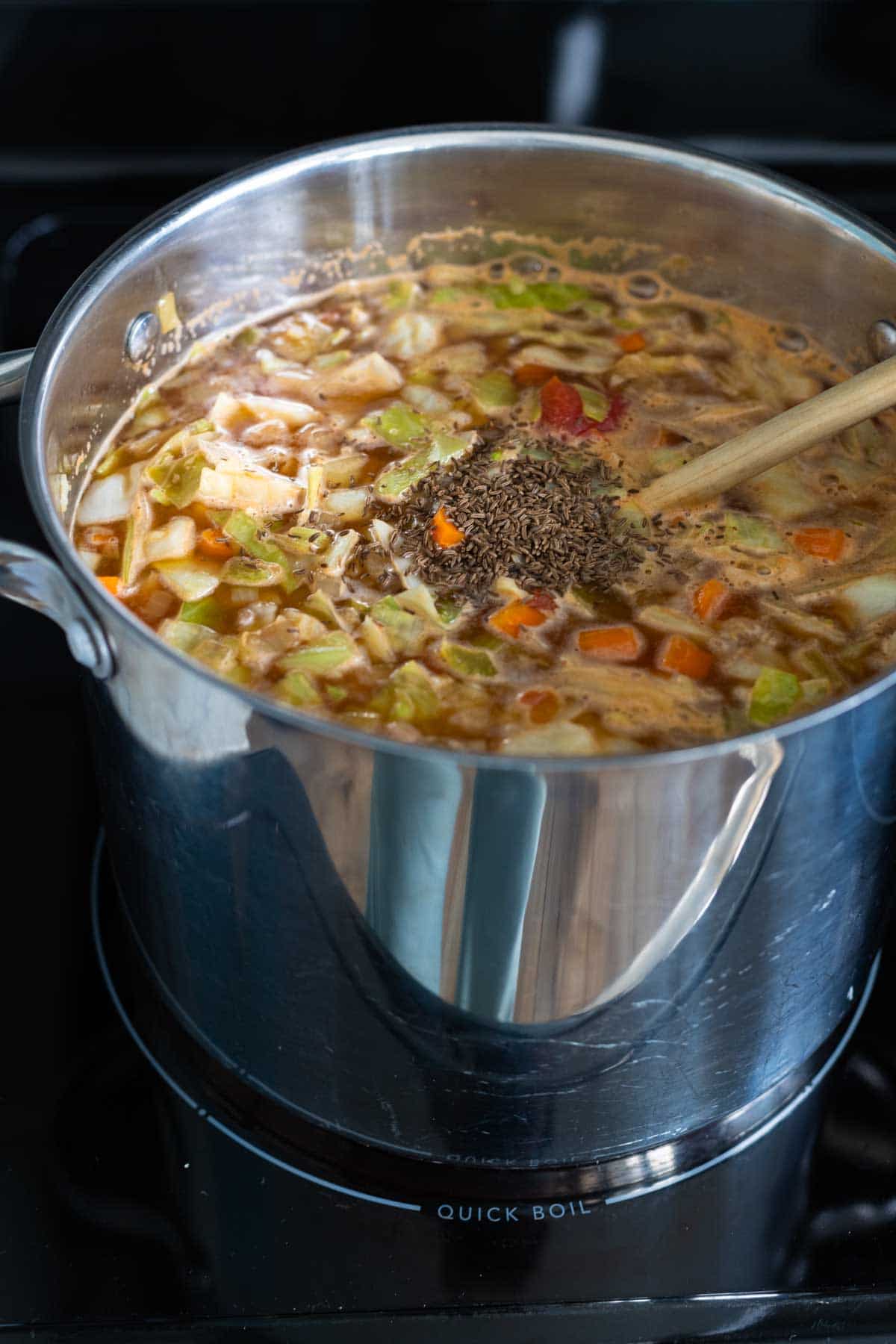 The large soup pot has caraway seeds and tomatoes mixed in.