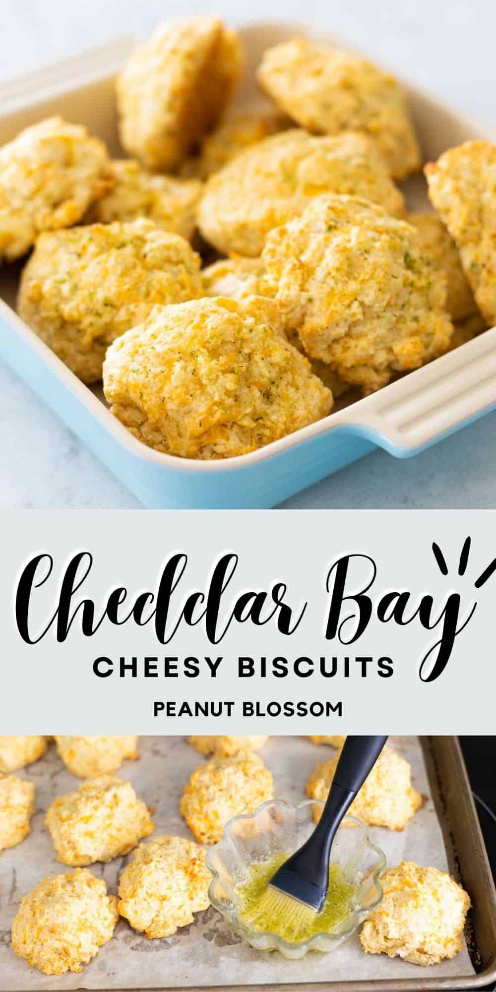 A photo collage shows the baked biscuits in a blue dish on top, a baking sheet of them being brushed with melted butter on the bottom.