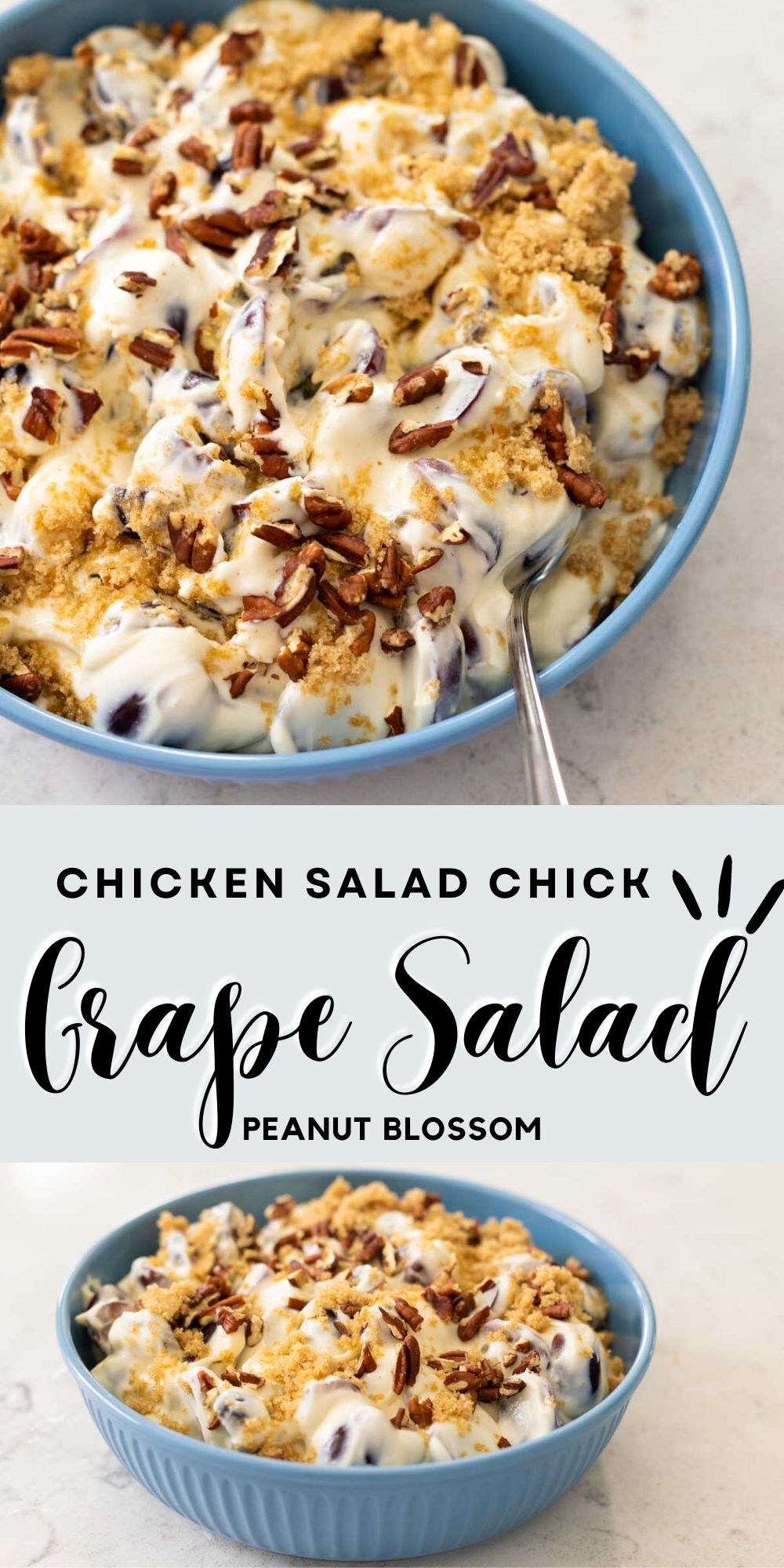 The creamy grape salad copycat recipe from Chicken Salad Chick is in a blue bowl.