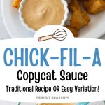 a photo collage shows the chicken nuggets on a platter with a cup of Chick-Fil-A sauce alongside a photo of the mixing bowl with whisk.